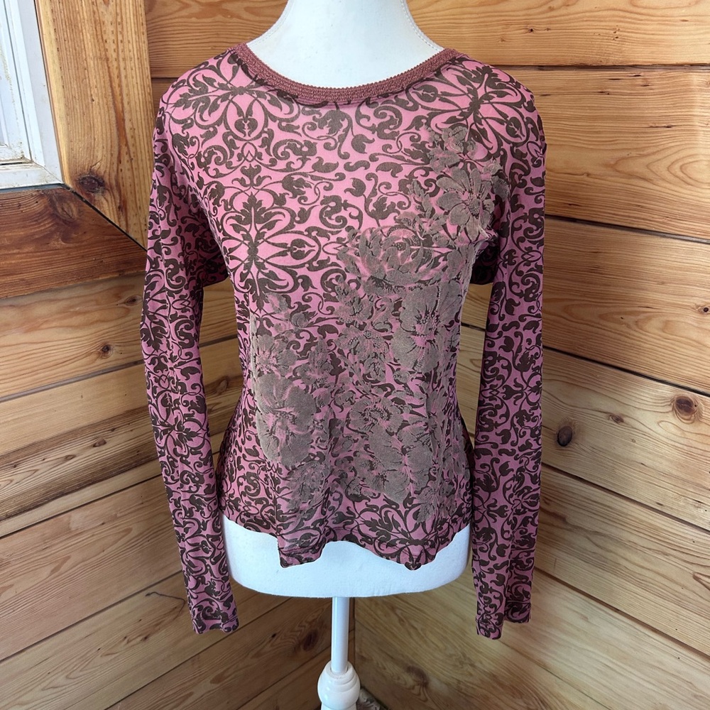 Vintage Burned Out Velvet Sheer Black Grey Long Sleeve Top Y2K Retro Womens Smal - Picture 8 of 8